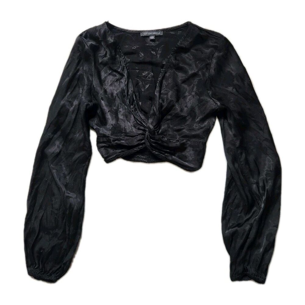 Cotton Candy LA Black Satin Crop Top Twist Front Long Sleeve Floral Jacquard S